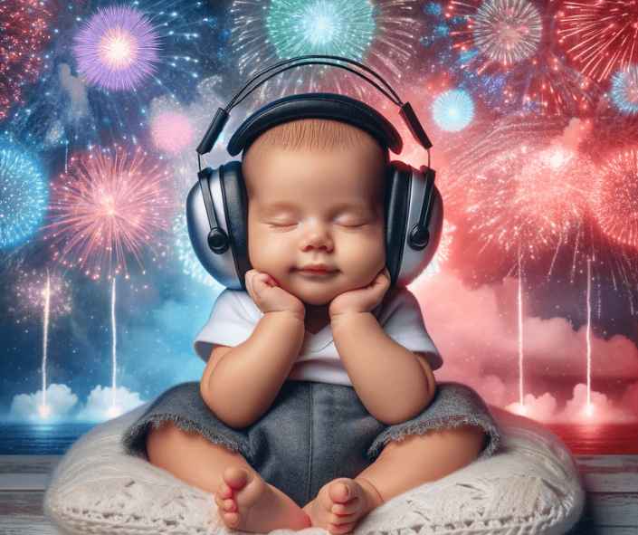 baby with headphones relaxed in a fireworks background