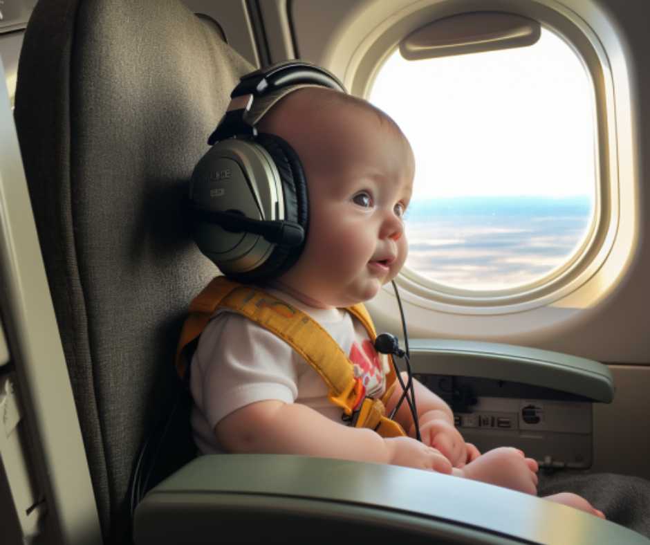 baby with headphones inside a plane